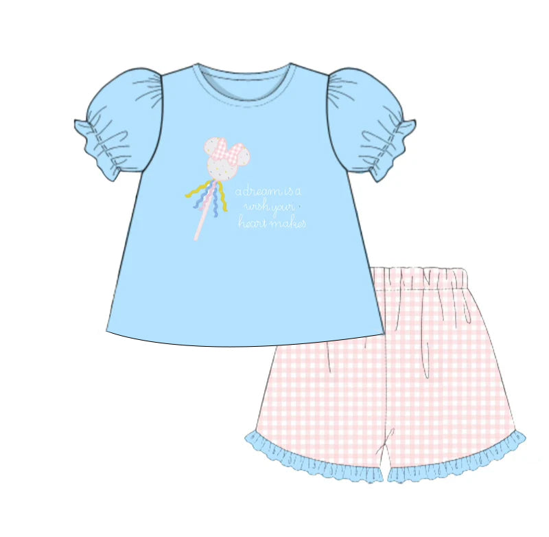 4.10 GSSO2457 Baby Girls Blue Short Ruffle Sleeves Cartoon Mouse Candy Tunic Plaid Short Set Pre order