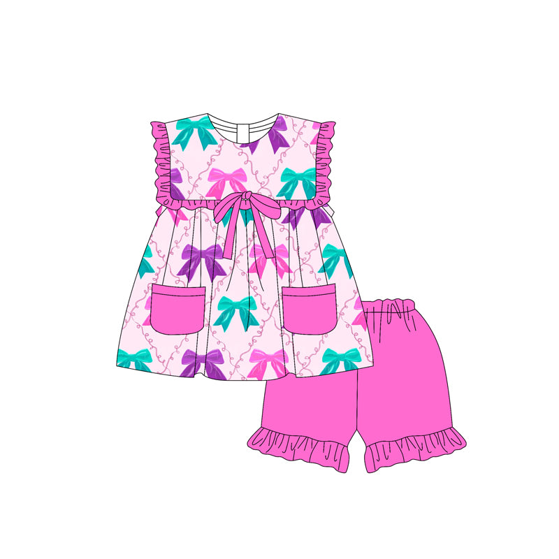 4.10 GSSO2463 Baby Girls Colorful Bows Pockets Tunic Pink Ruffle Short Set Pre order