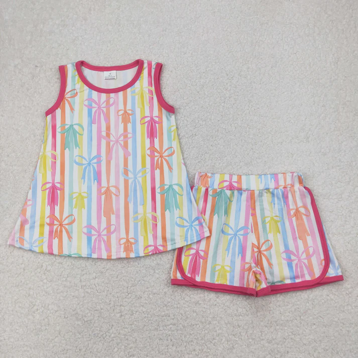 RTS NO MOQ Summer Sibling Baby Girls Sleeveless Colorful Stripe Bows Top Shorts Sets
