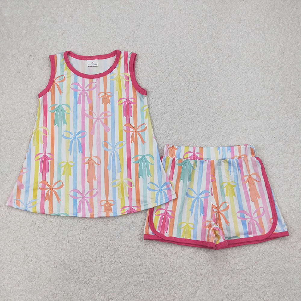 RTS NO MOQ Baby Girls Summer Sets GSSO2465 Colorful Stripe Bows Tunic Shorts Sets