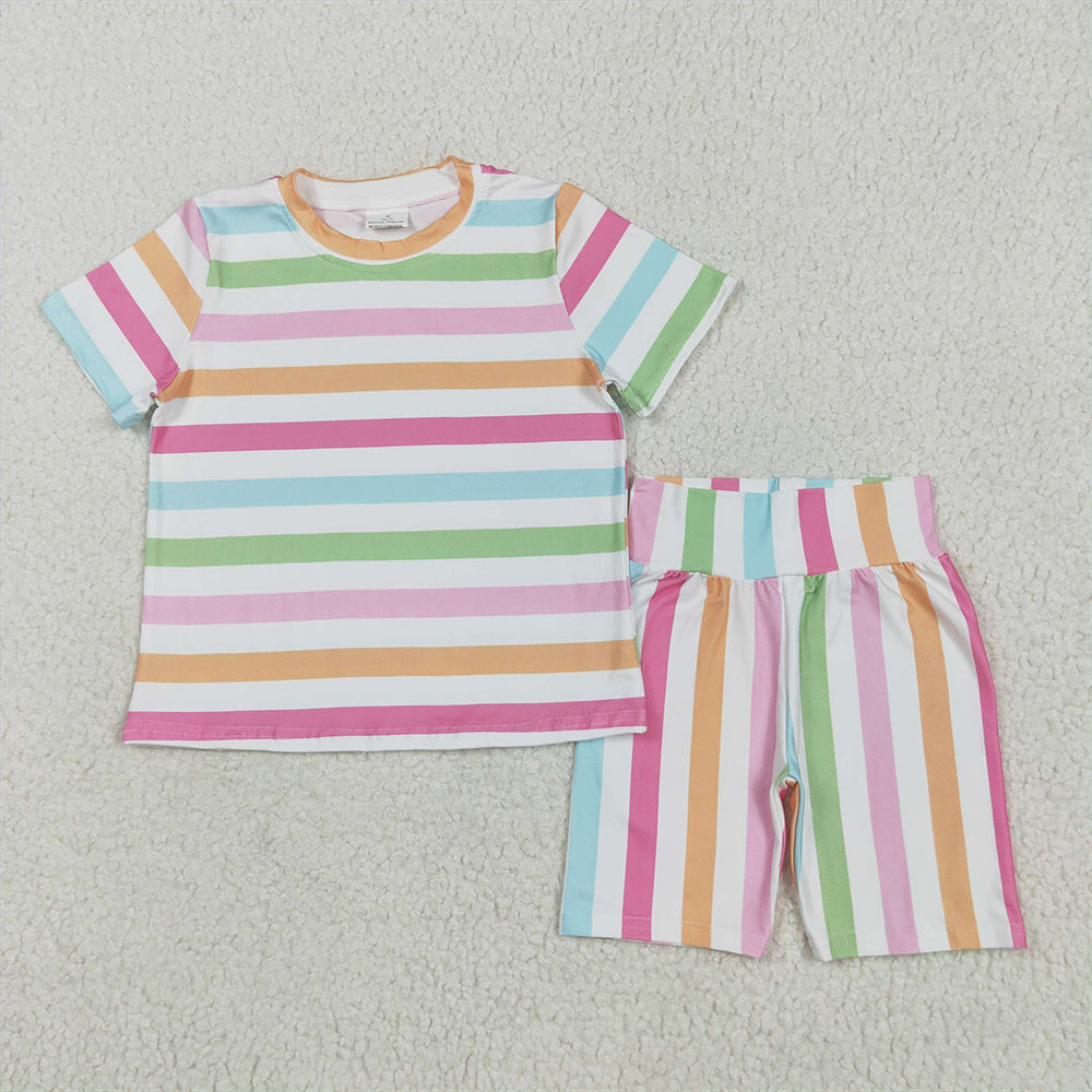 5.26 RTS NO MOQ Baby Girls Summer Sets GSSO2468 Colorful Stripes Top Short Pajamas Sets