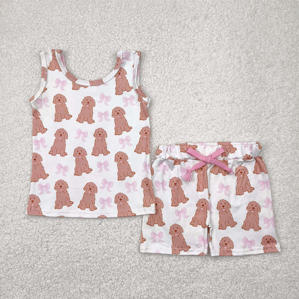 RTS NO MOQ Baby Girls Summer Sets GSSO2475 Sleeveless Dogs Bows Shorts Top Sets