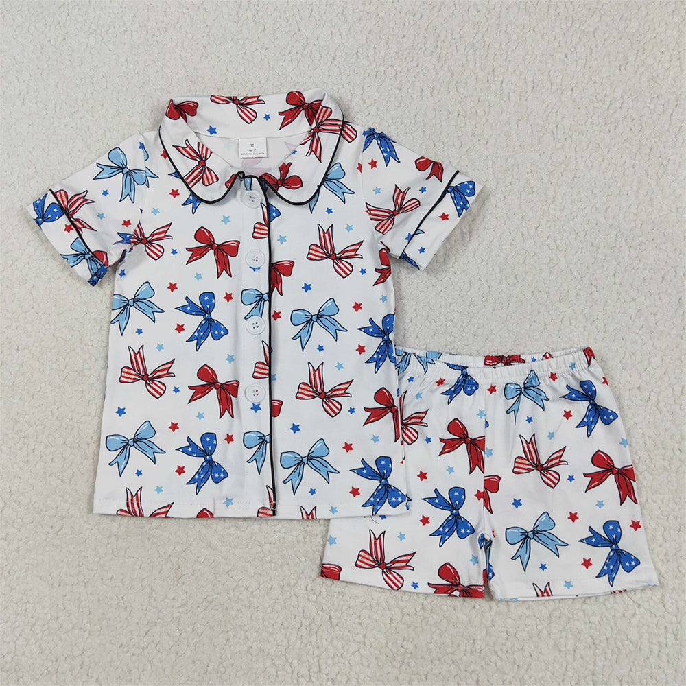 5.16 RTS NO MOQ Baby Girls Summer Sets GSSO2484 Blue Red Bows Button Top Short 4th Of July Pajamas Sets