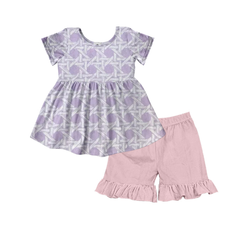 3.28 GSSO2529 Baby Girls Lavender Short Sleeves Plaid Tunic Pink Ruffle Short Set Pre order