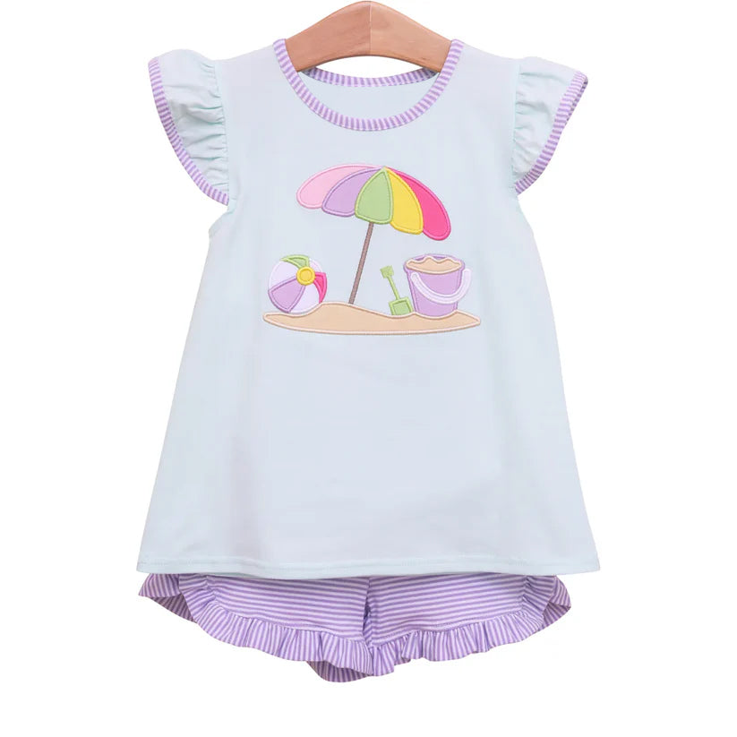4.4 GSSO2553 Baby Girls Flutter Sleeves Beach Tunic Lavender Stripe Ruffle Short Set Pre order