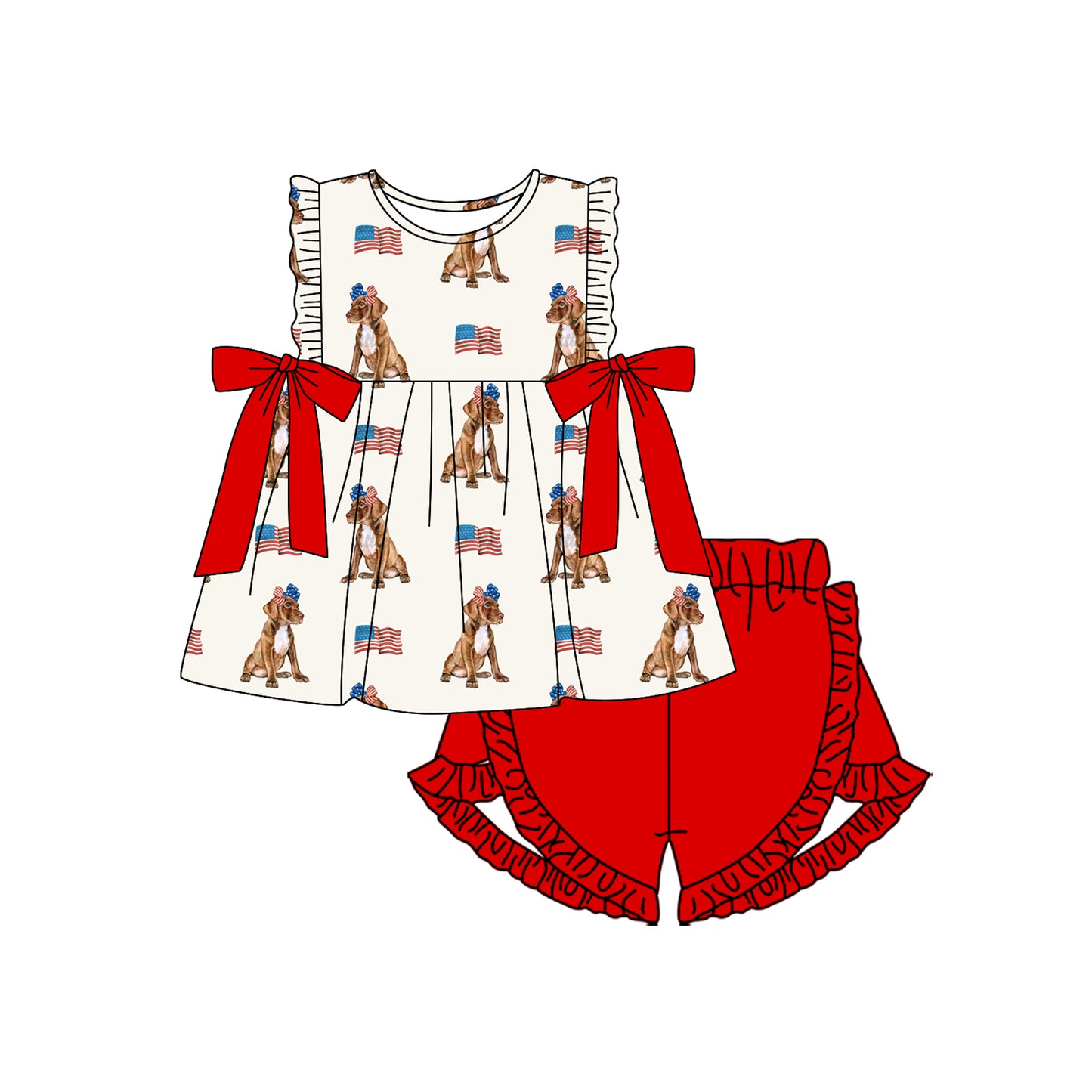 4.4 GSSO2560 Baby Girls Sleeveless Flags Dogs Bows Tunic Ruffle Short 4th Of July Set Pre order