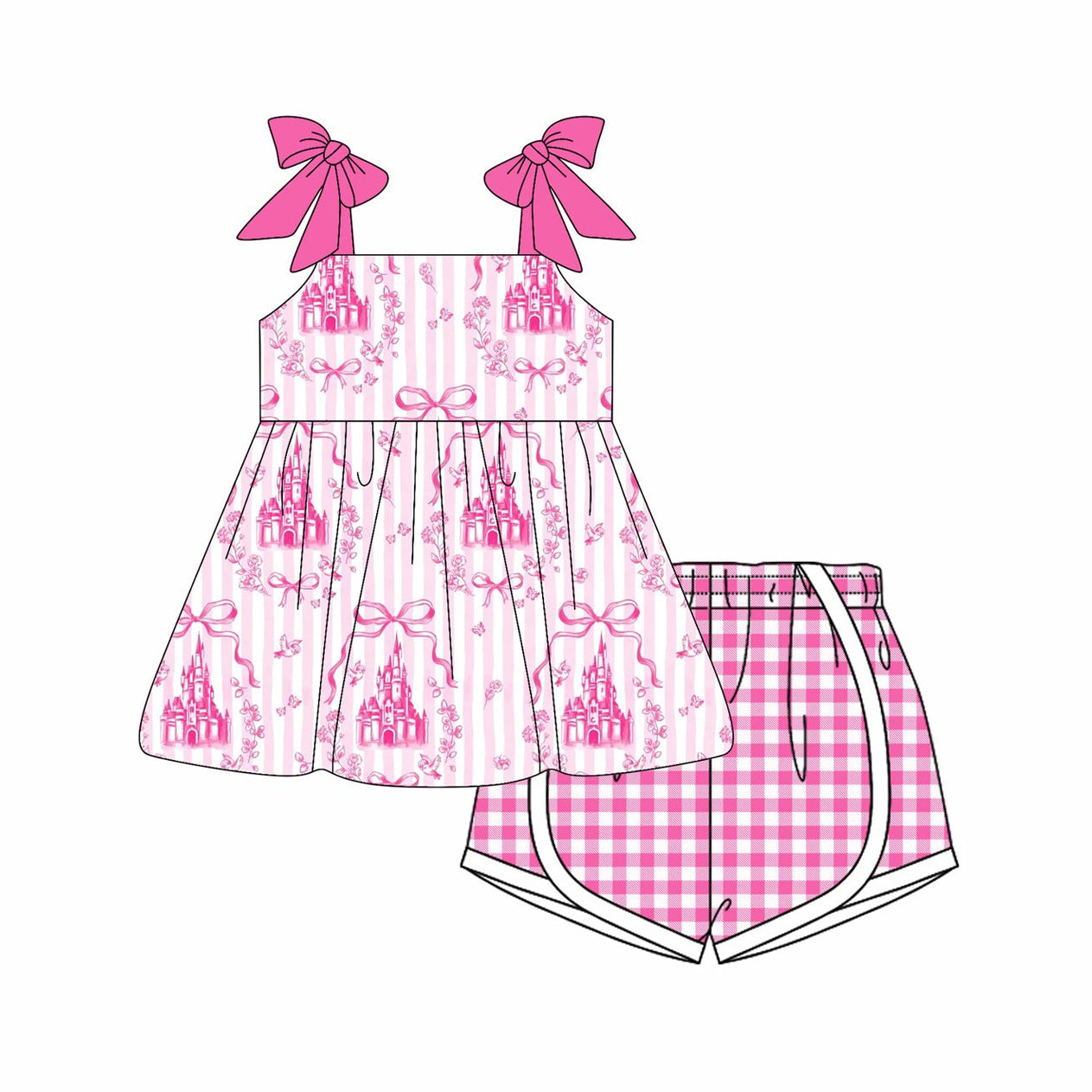 4.12 GSSO2582 Summer Pink Castle Print Tunic Top Gingham Shorts Set Pre order