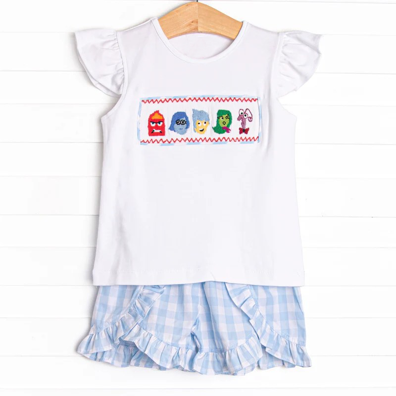 4.17 GSSO2593 Baby Girls Flutter Sleeves Cartoon Dolls Top Blue Plaid Ruffle Short Set Pre order