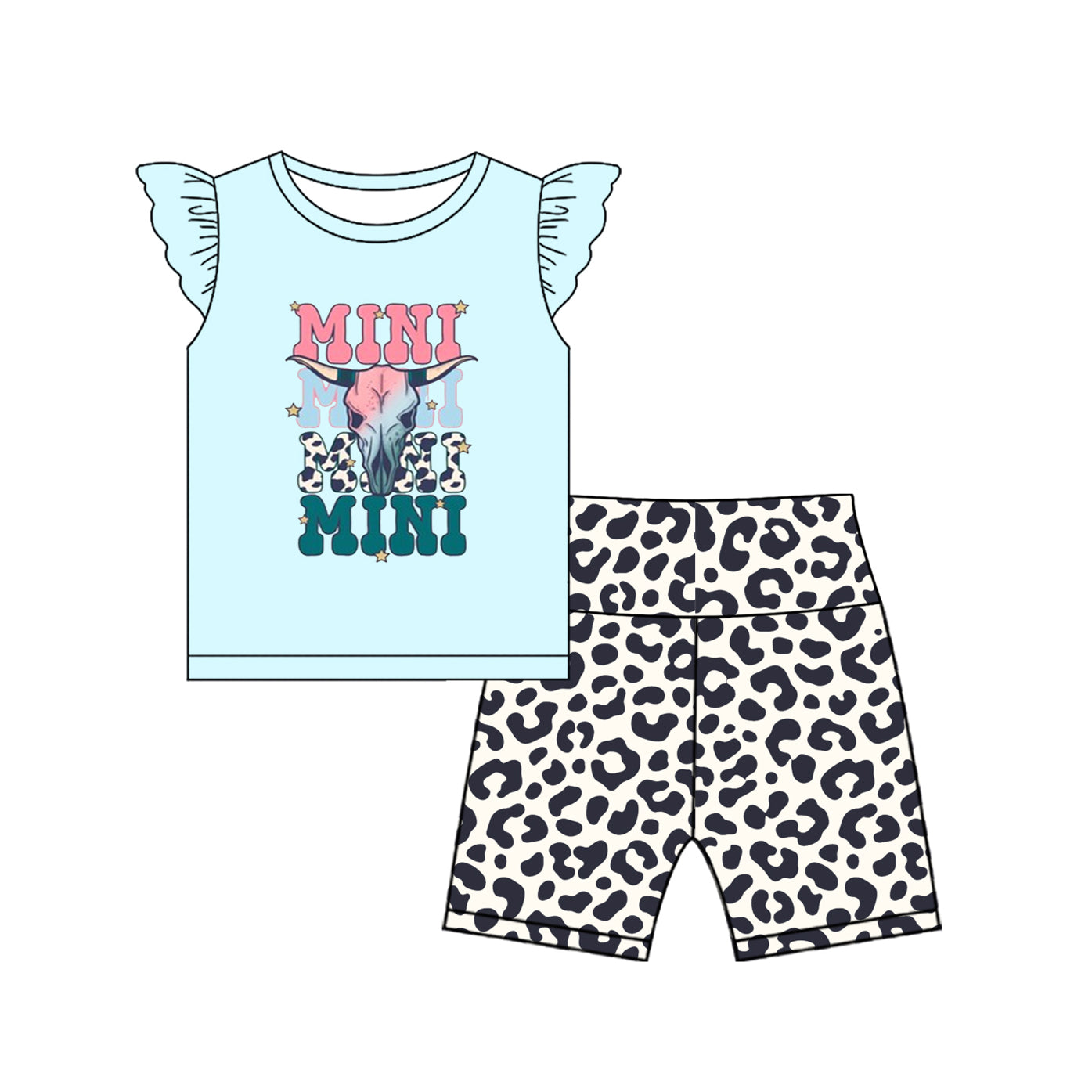 4.18 GSSO2597 Baby Girls Aqua Flutter Sleeves Mini Bull Skull Top Leopard Short Set Pre order