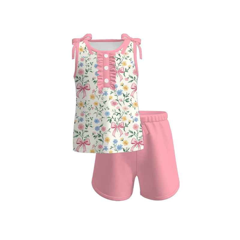 4.18 GSSO2600 Baby Girls Sleeveless Bows Floral Button Top Pink Short Set Pre order