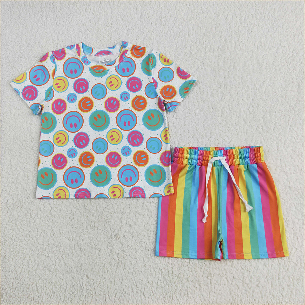 5.26 RTS NO MOQ Baby Girls Summer Sets GSSO2609 Short Sleeves Colorful Smiles Top Short Pajamas Sets