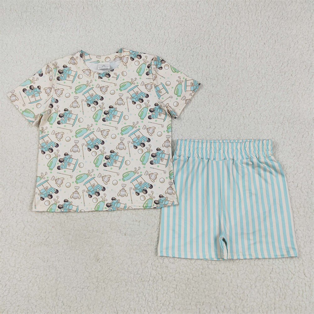 5.26 RTS NO MOQ Baby Girls Summer Sets GSSO2614 Short Sleeve Golf Top Blue Stripes Shorts Sets
