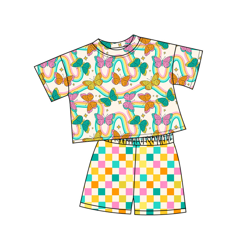 4.21 GSSO2615 Baby Girls Short Sleeves Butterfly Rainbows Top Colorful Plaid Short Pajamas Set Pre order