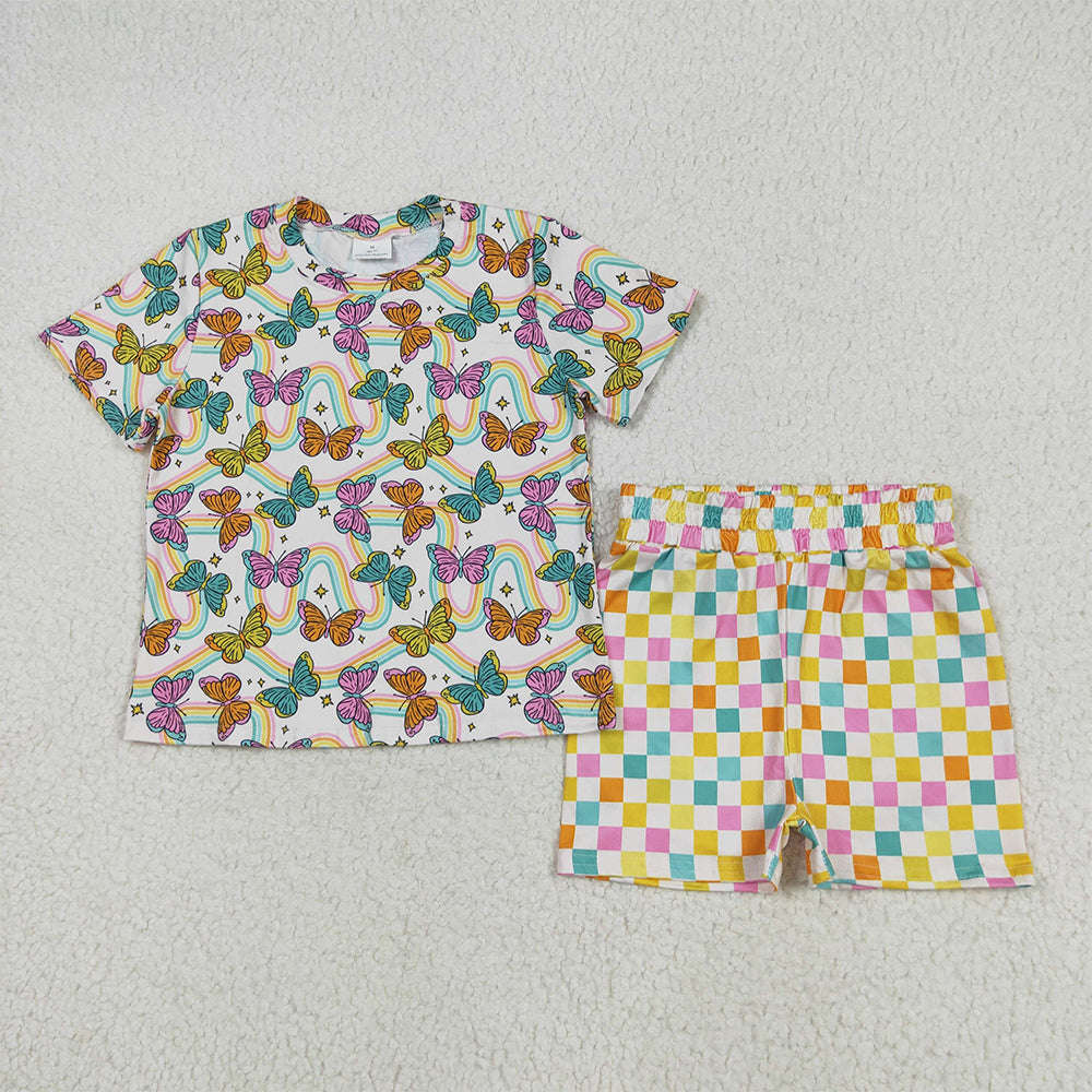 5.29 RTS NO MOQ Baby Girls Summer Sets GSSO2615 Short Sleeves Butterfly Rainbows Top Colorful Plaid Short Pajamas Sets