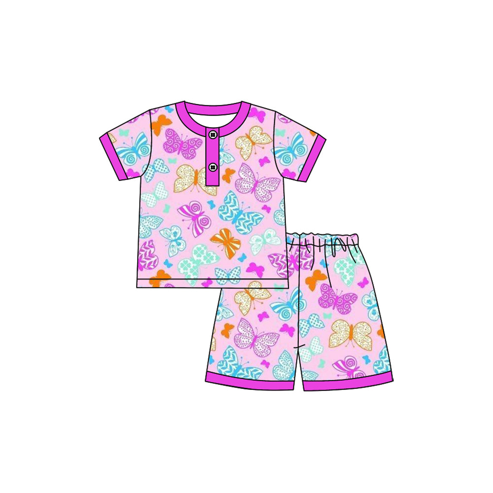 4.24 GSSO2619 Baby Girls Hot Pink Short Sleeves Butterfly Button Top Short Pajamas Set Pre order