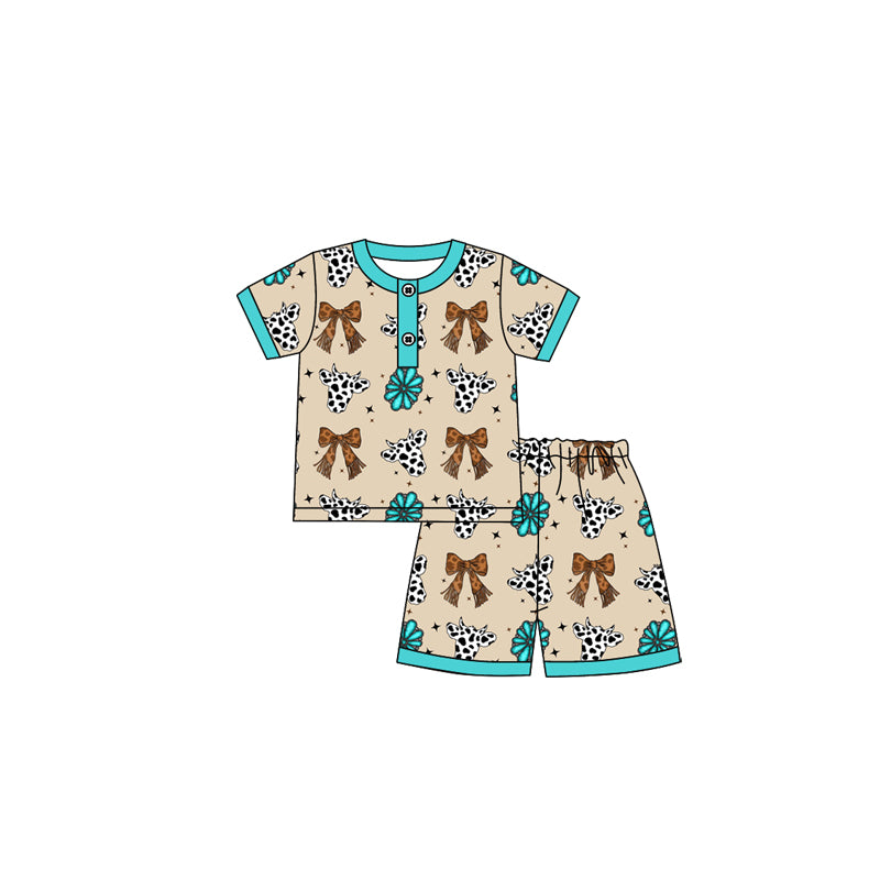 4.24 GSSO2621 Baby Girls Short Sleeves Bows Cow Print Button Top Short Pajamas Set Pre order