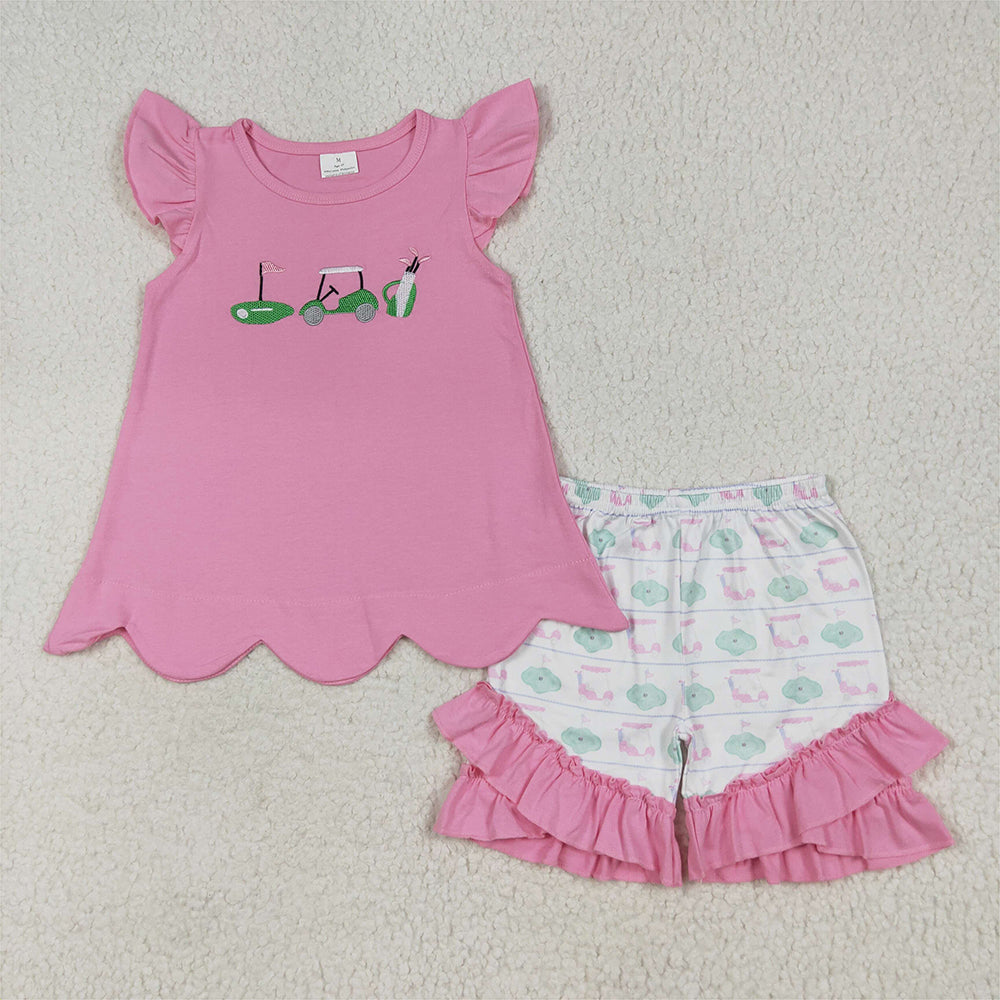 7.8 RTS NO MOQ Baby Girls Summer Sets GSSO2660 Pink Flutter Sleeves Golf Truck Tunic Ruffle Shorts Sets