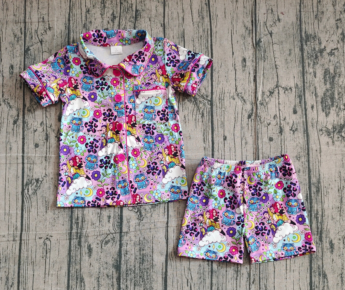 RTS Baby Girls Leopard Tigers Music Character Pocket Buttons Shirt Shorts Pajamas Set
