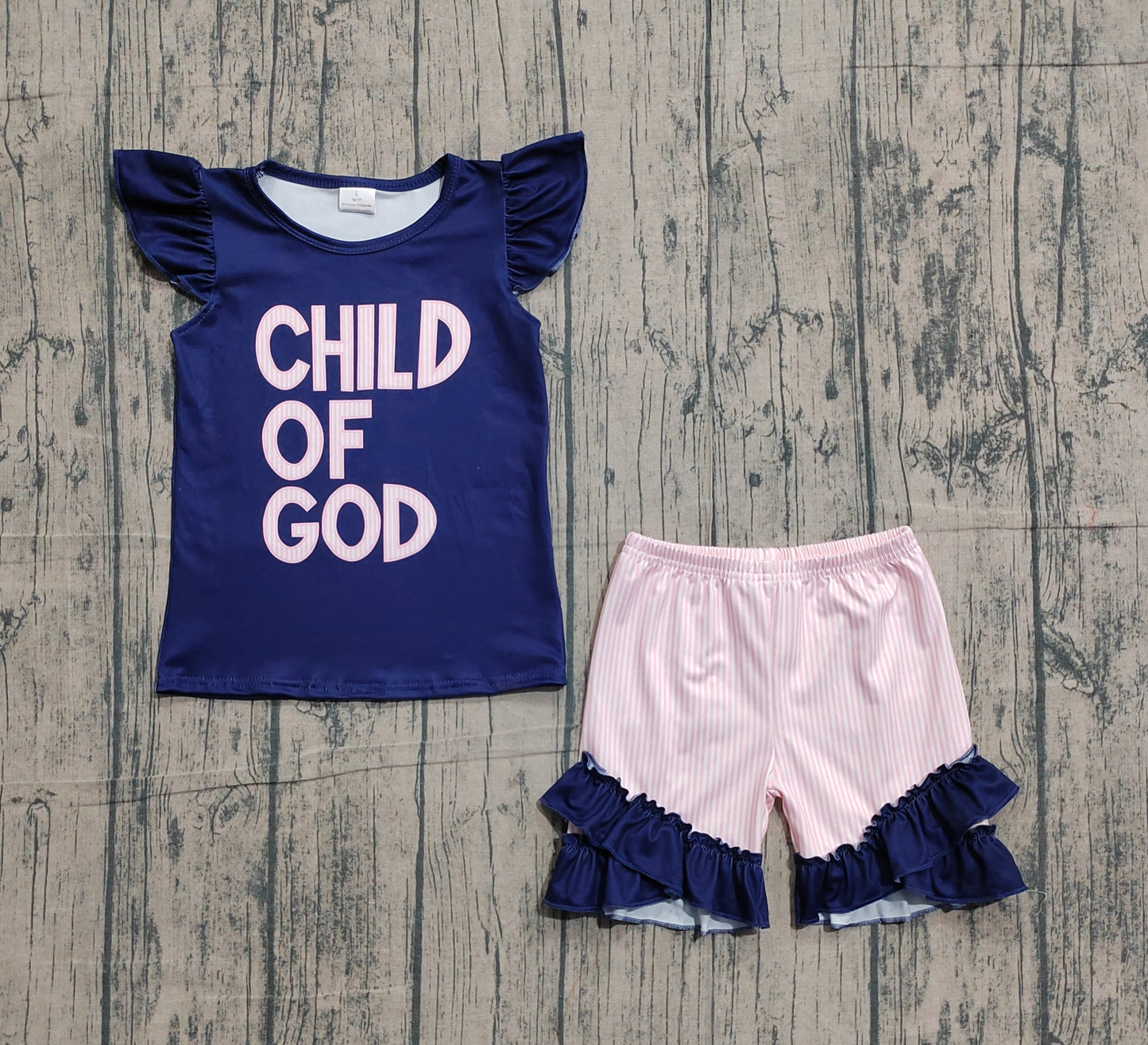 Baby Girls Short Sleeves Child of God Navy Shirt Ruffle Shorts Clothes Set RTS