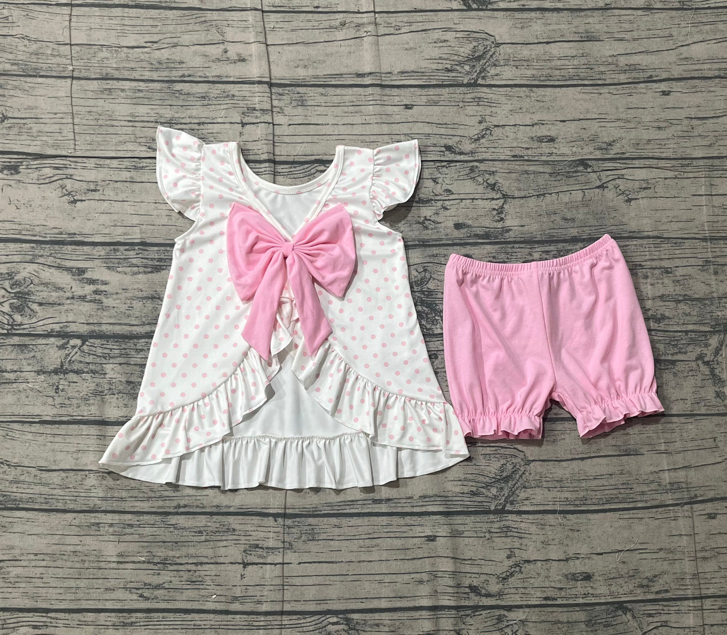Baby Girls Kids Short Sleeves Cross Dots Bows Tunic Pink Shorts Easter Clothes Set RTS