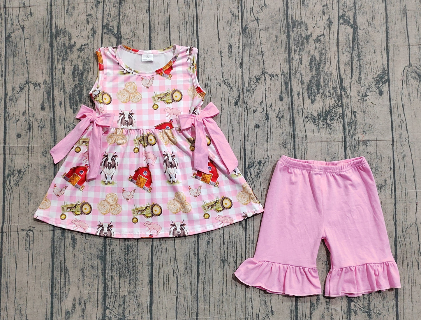 Baby Girls Sleeveless Farm Animals Plaid Tunic Pink Shorts Clothes Set RTS