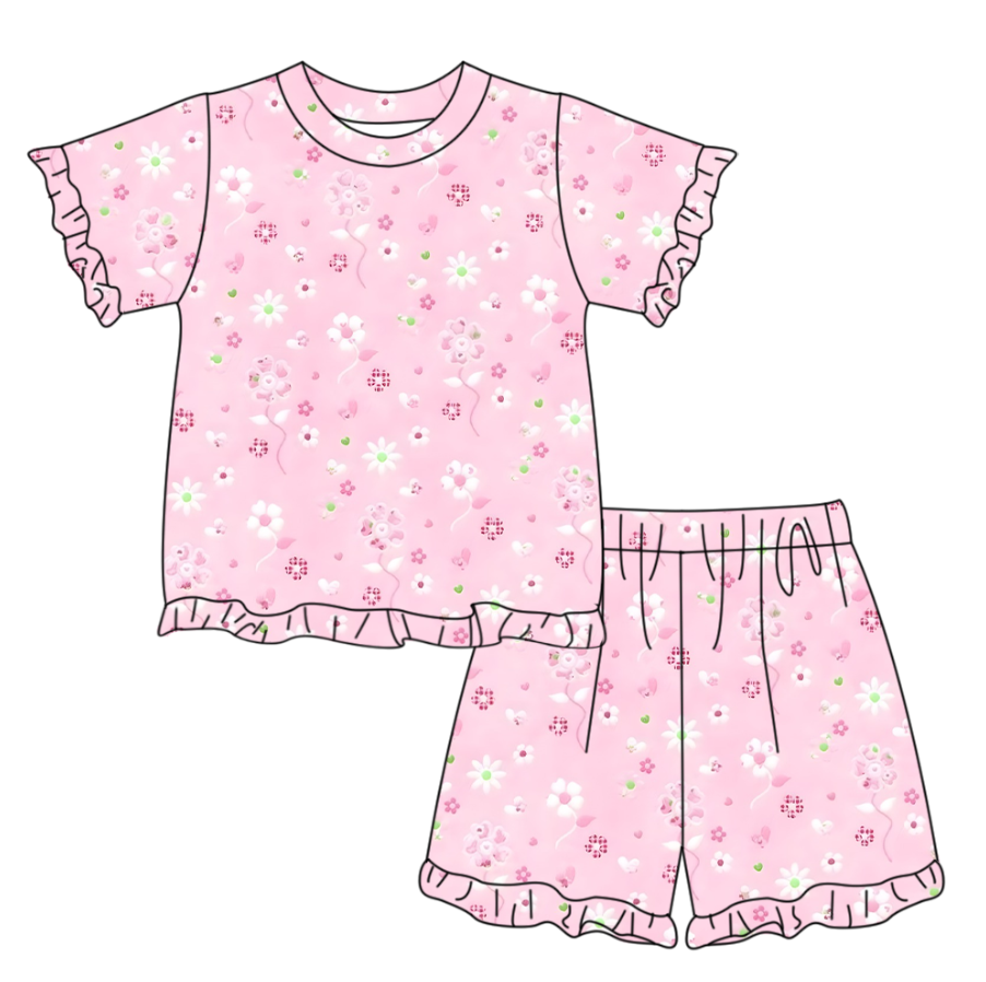 ( Moq 5 ) Preorder Baby Girls Short Sleeves Flower Pink Shirt Shorts Summer Clothes Set