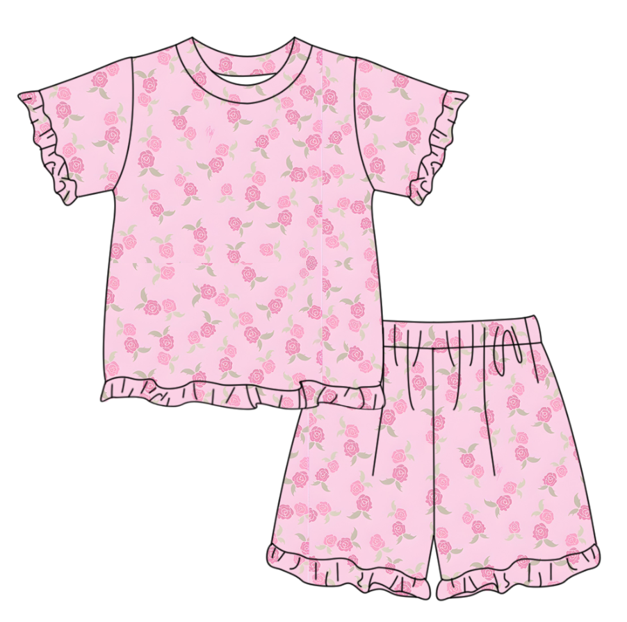 ( Moq 5 ) Preorder Baby Girls Kids Short Sleeves Flower Pink Shirt Shorts Summer Clothes Set