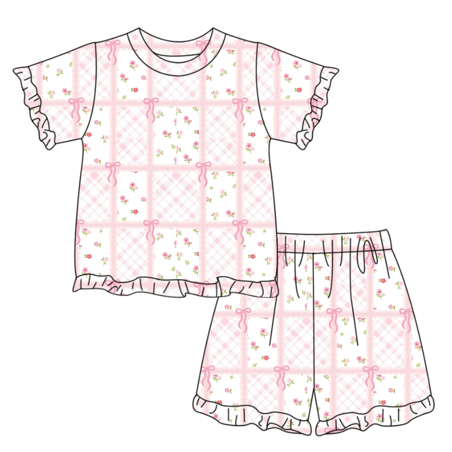 ( Moq 5 ) Preorder Baby Girls Short Sleeves Floral Pink Bows Shirt Shorts Summer Clothes Set