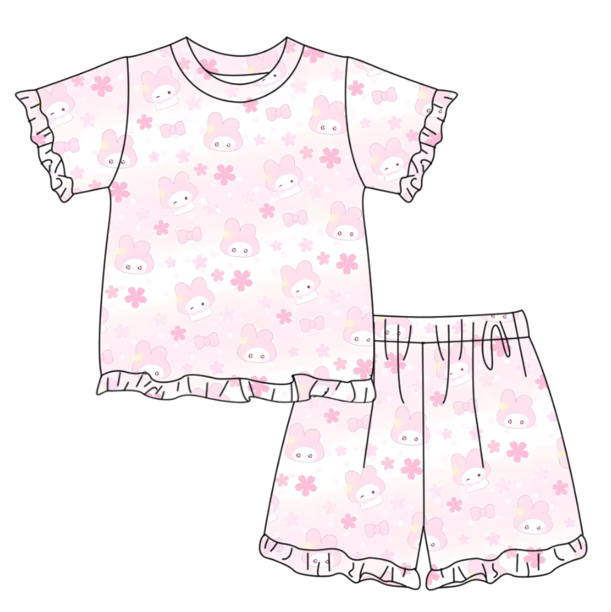 ( Moq 5 ) Preorder Baby Girls Short Sleeves Rabbits Bows Flower Shirt Shorts Easter Clothes Set