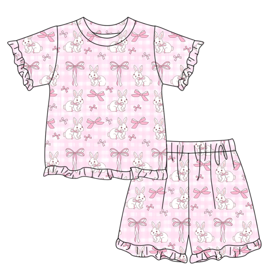 ( Moq 5 ) Preorder Baby Girls Short Sleeves Rabbits Bows Shirt Shorts Easter Pink Clothes Set