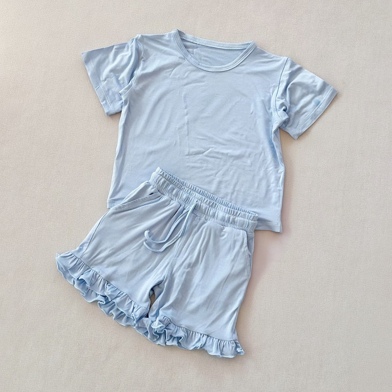 ( Moq 5 ) Preorder Baby Girls Short Sleeves Blue Tops Ruffle Shorts Summer Clothes Set