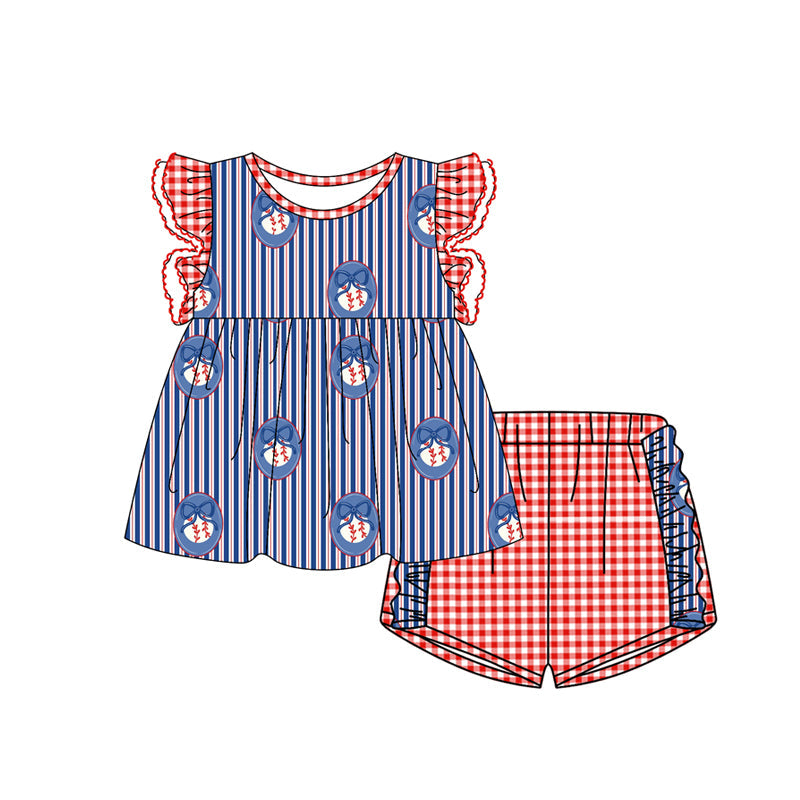 ( Moq 5 ) Preorder Baby Girls Kids Short Sleeves Baseball Bows Stripes Tunic Red Plaid Shorts Set