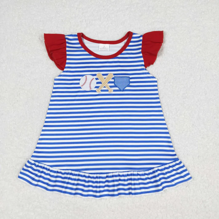 RTS NO MOQ Summer Sibling Boys Baby Girls Blue Stripes Embroidery Baseball Short Sleeves Tee Shirts Top