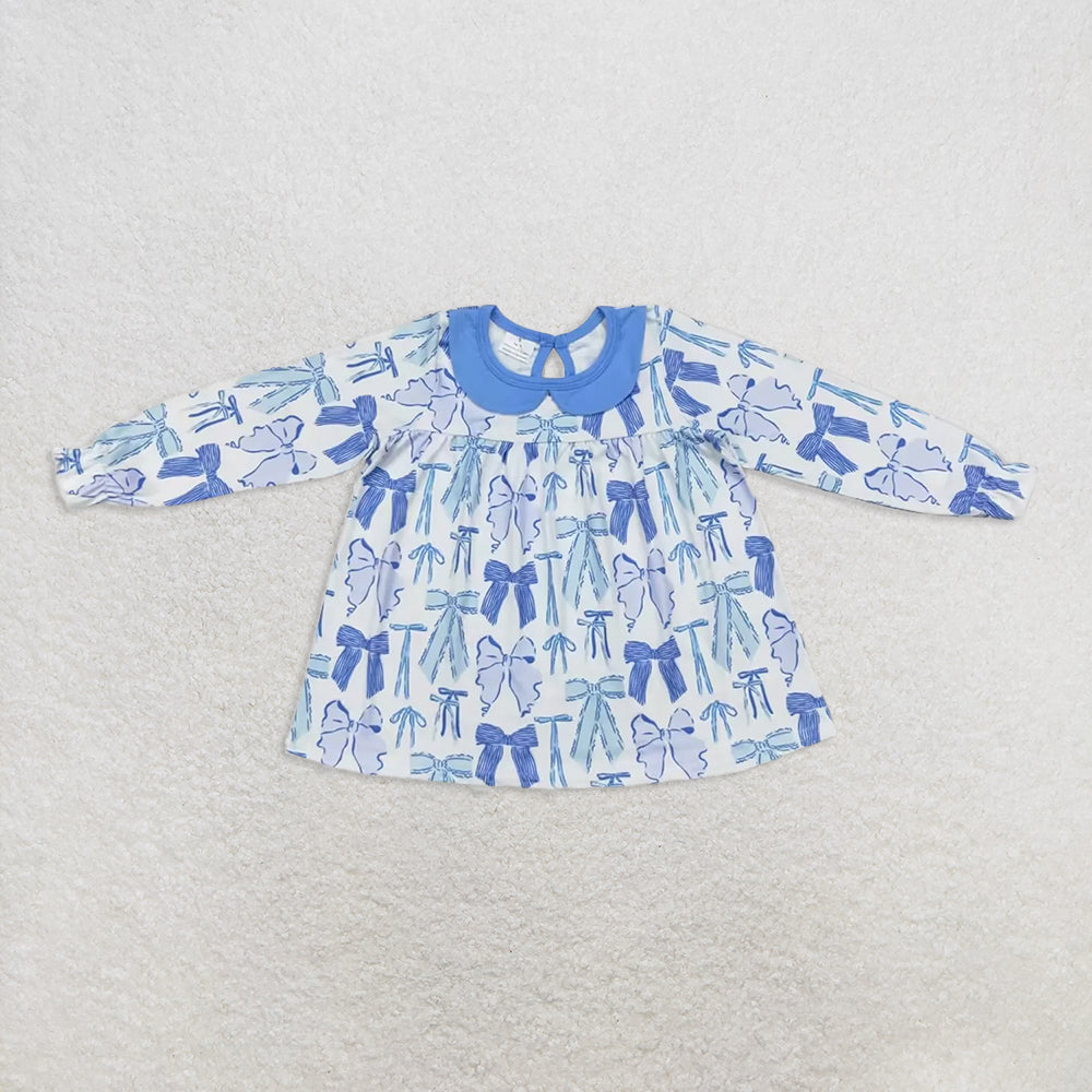 6.16 RTS NO MOQ Baby Girls Long Sleeve GT0666 Blue Bows Collar Knee Length Dresses