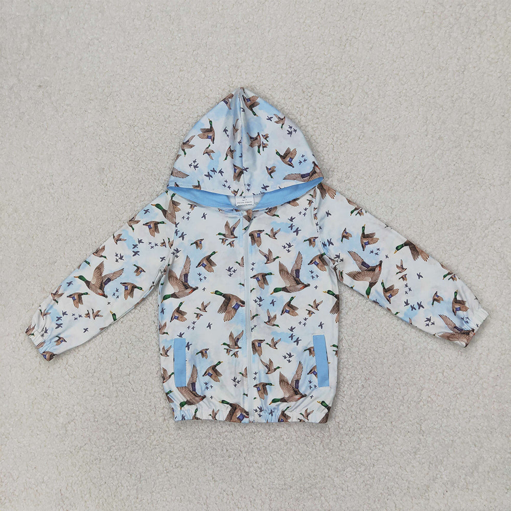RTS NO MOQ Baby Boys Long Sleeve Ducks Mallard Hunting Blue Hooded Top Zip Tops