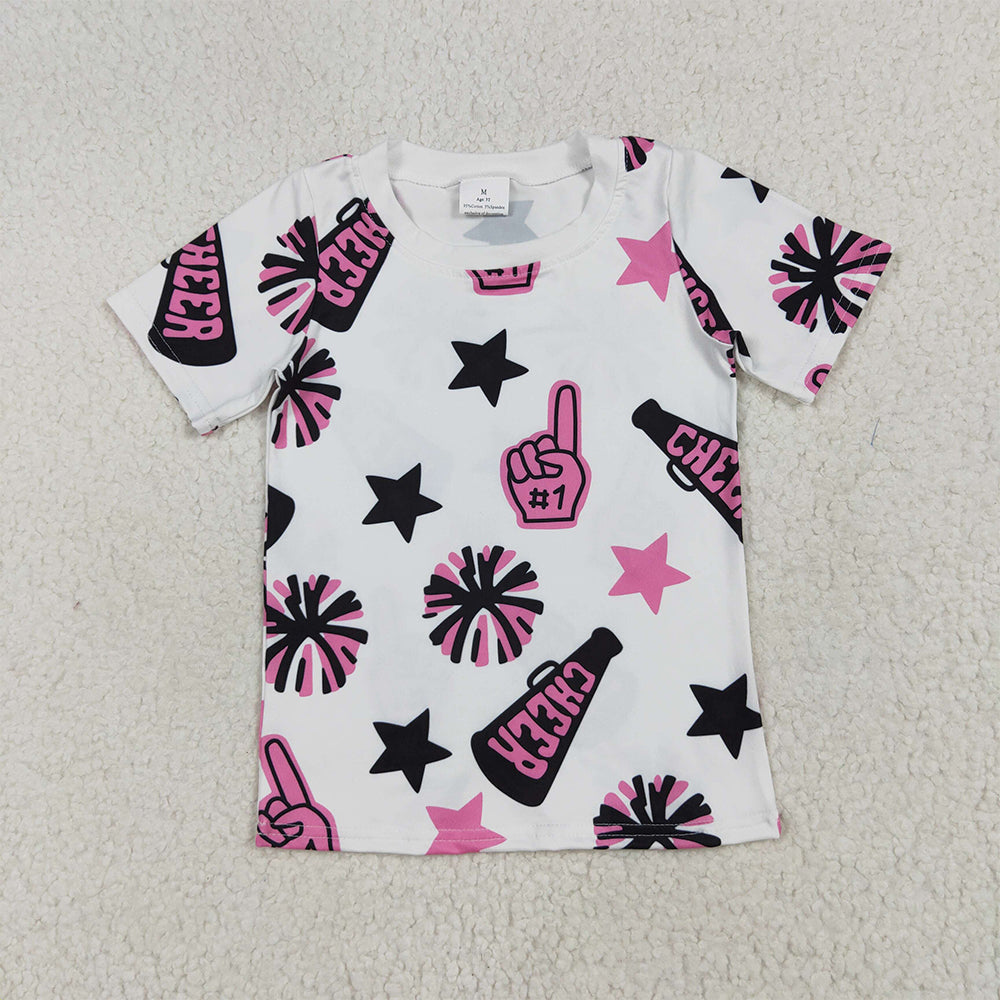 6.19 RTS NO MOQ Summer Baby Girls Short Sleeve GT0994 Short Sleeves Hot Pink Firework Cheer Tee Shirts Tops