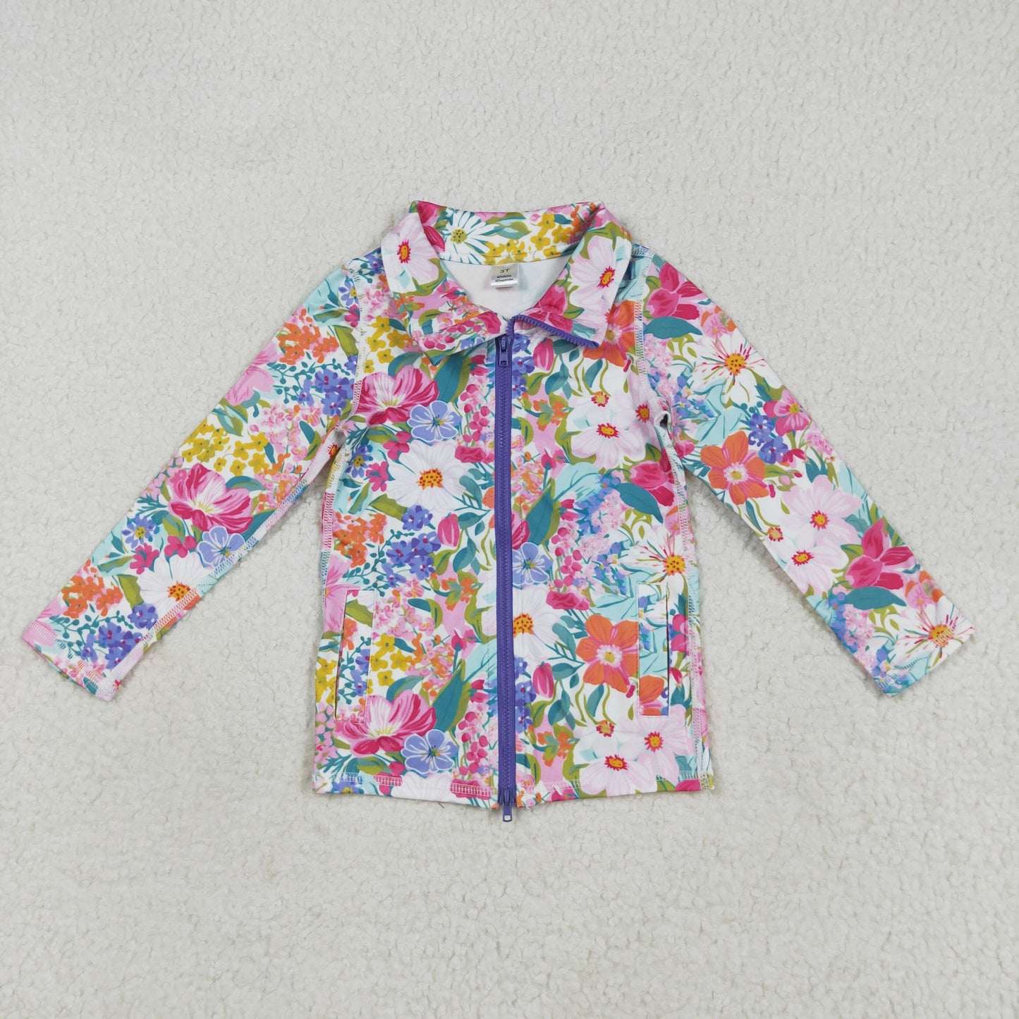 7.29 RTS NO MOQ Baby Girls Long Sleeve GT1061 Long Sleeves Pink Lavender Floral Pockets Zipper Yoga Jackets