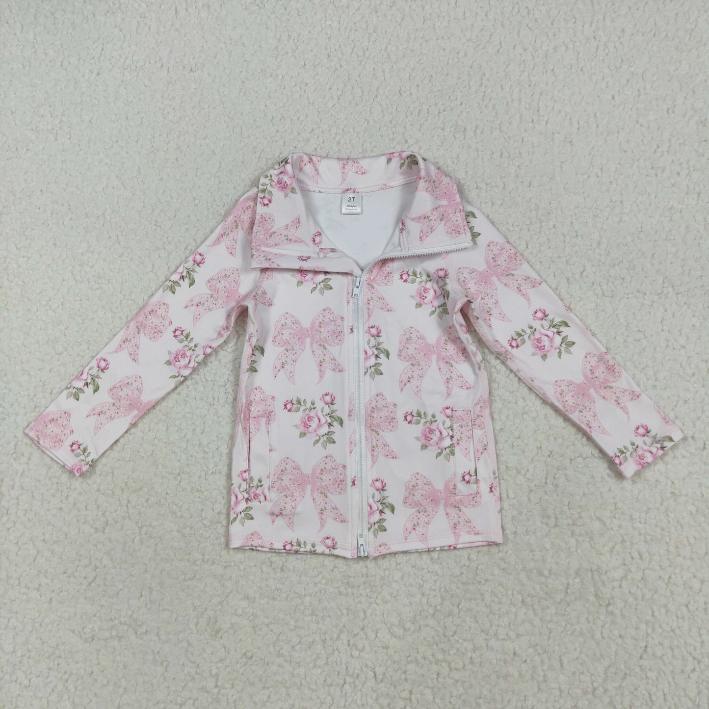 7.18 RTS NO MOQ Baby Girls Long Sleeve GT1075 Long Sleeves Pink Floral Bows Zipper Pockets Yoga Jacket Top