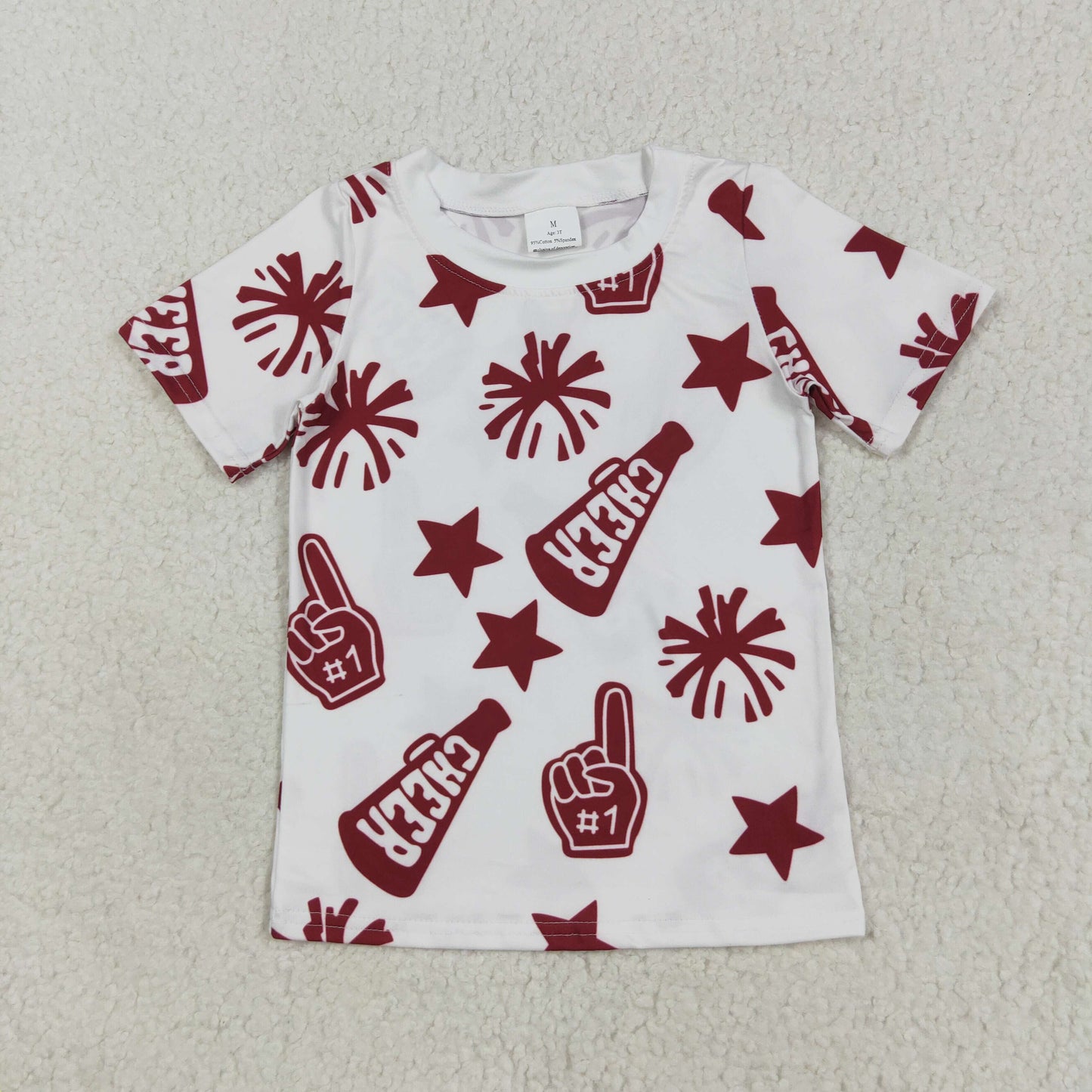 7.23 RTS NO MOQ Summer Baby Girls Short Sleeve GT1093 Short Sleeves Dark Red Cheer Stars Team Tee Shirts Tops
