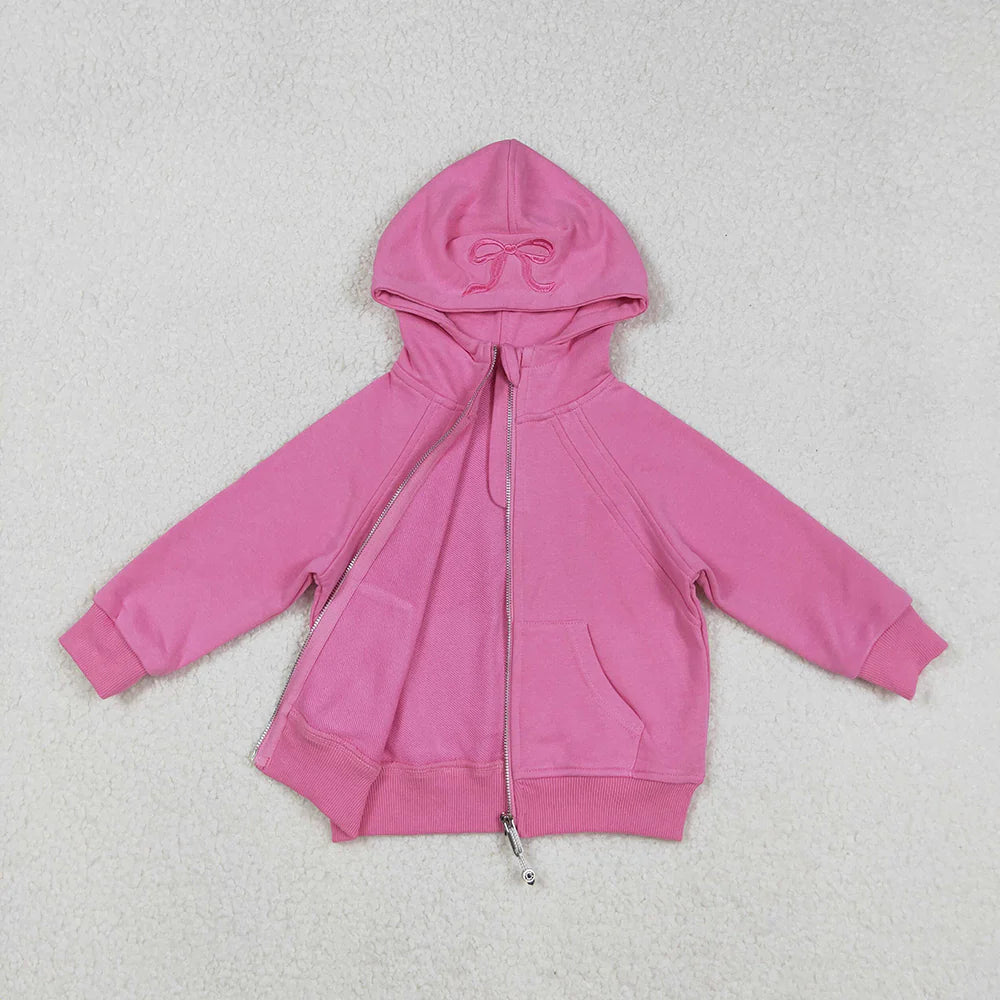 USA Shop RTS Baby Girls Kids Pink Long Sleeves Embroidery Bows Hoodie Zipper Pockets Jacket Tops