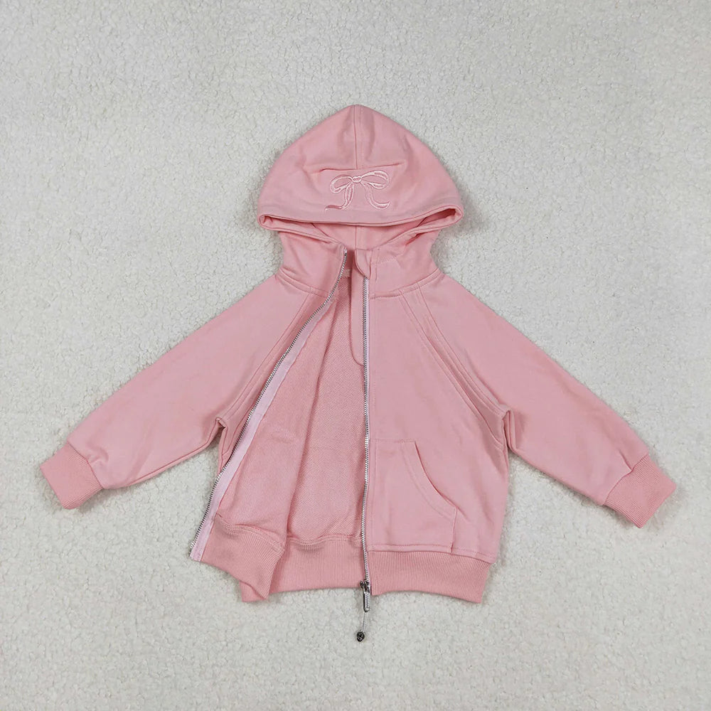 USA Shop RTS Baby Girls Kids Long Sleeves Embroidery Bows Hoodie Zipper Pockets Pink Jacket Tops