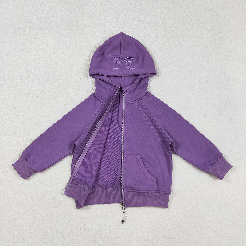 USA Shop RTS Baby Girls Kids Long Sleeves Embroidery Bows Hoodie Zipper Pockets Purple Jacket Tops