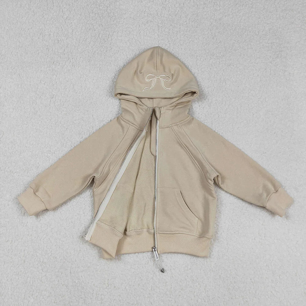 USA Shop RTS Baby Girls Kids Long Sleeves Embroidery Bows Hoodie Zipper Pockets Khaki Jacket Tops