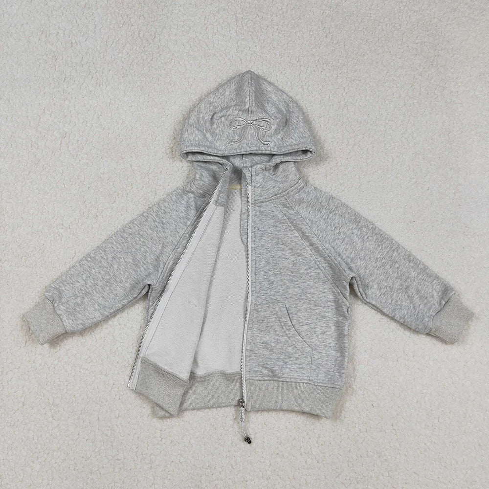 USA Shop RTS Baby Girls Kids Long Sleeves Embroidery Bows Hoodie Zipper Pockets Grey Jacket Tops
