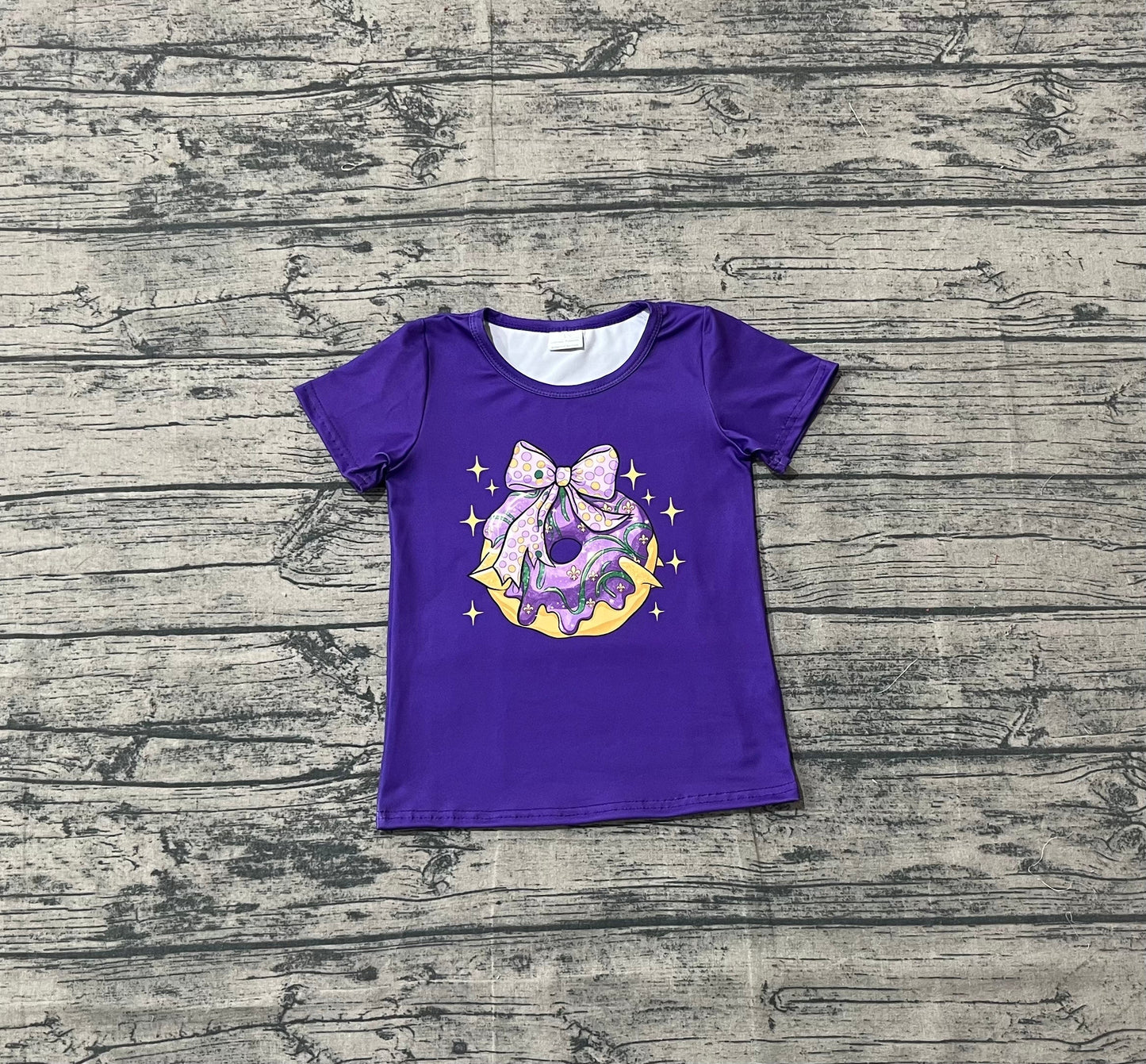 RTS Girls Kids Purple Short Sleeves Donut Bow Mardi Gras Tee Shirt