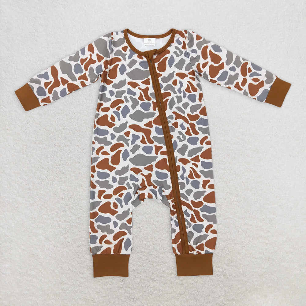 RTS NO MOQ Baby Boys Bodysuit LR0818 Long Sleeve Brown Camo Zip Sleepers Rompers