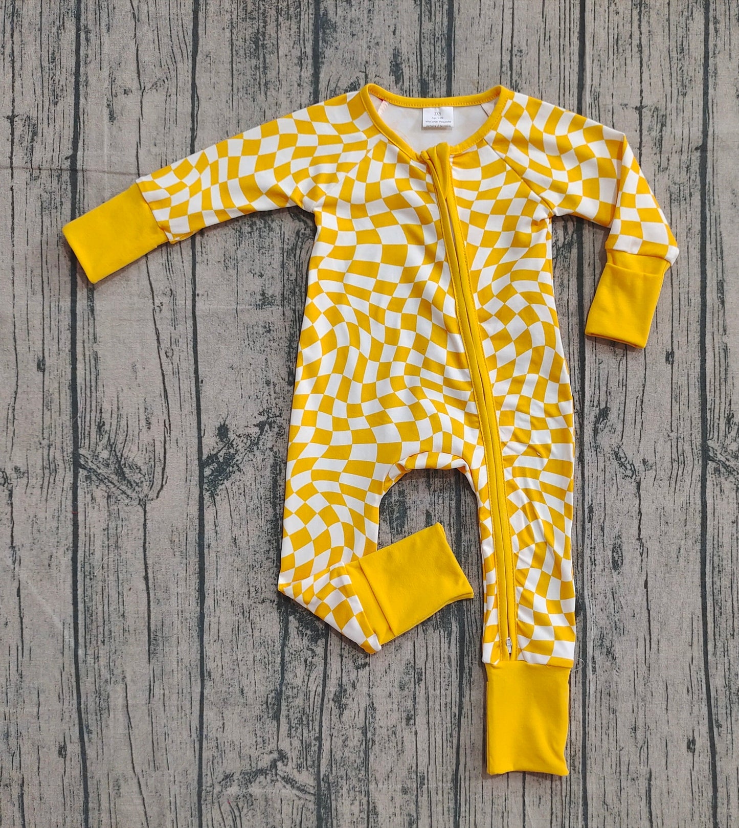 RTS Baby Boys Infant Long Sleeves Yellow Checkered Zipper Romper