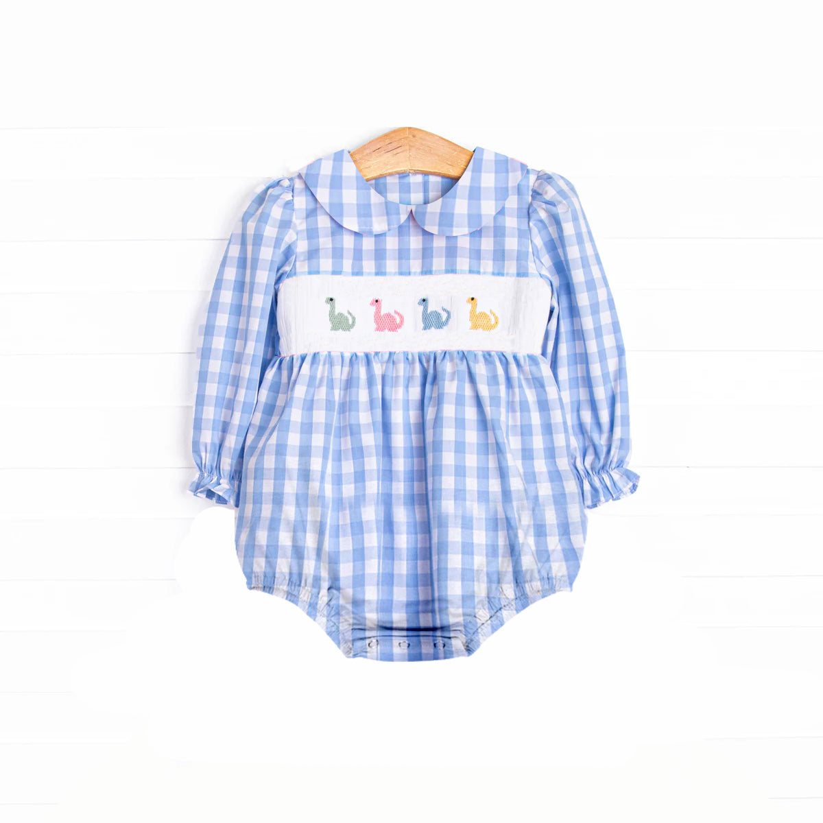 4.12 LR2178 Baby Infant Girls Blue Plaid Long Ruffle Sleeves Dinosaurs Smocked Rompers Pre order