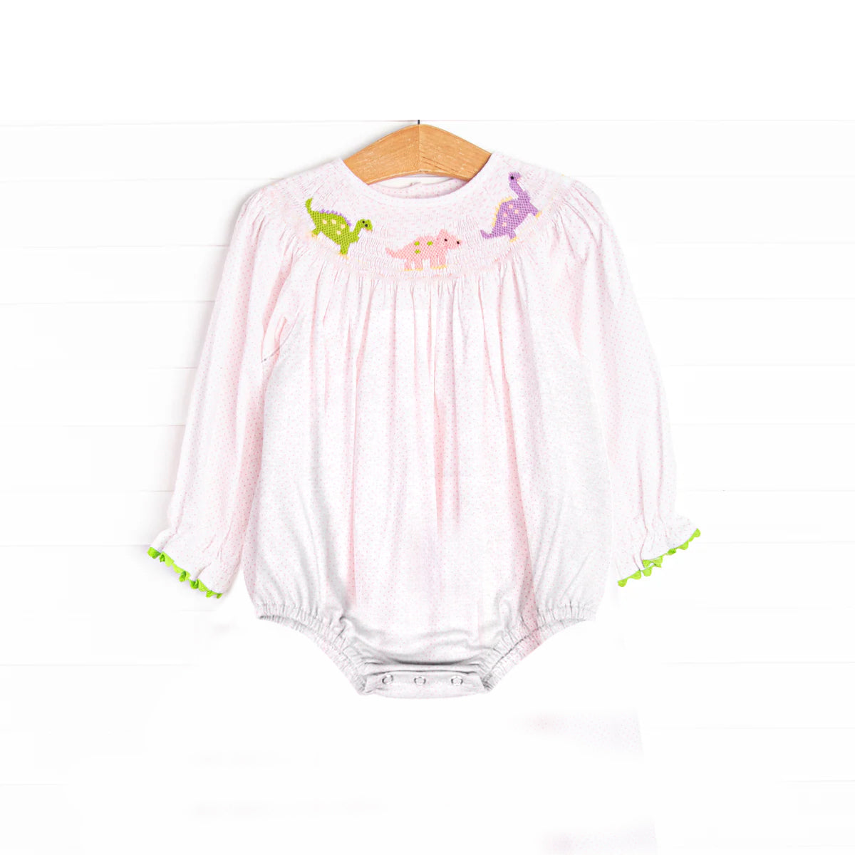 4.12 LR2180 Baby Infant Girls Pink Long Ruffle Sleeves Dinosaurs Smocked Rompers Pre order