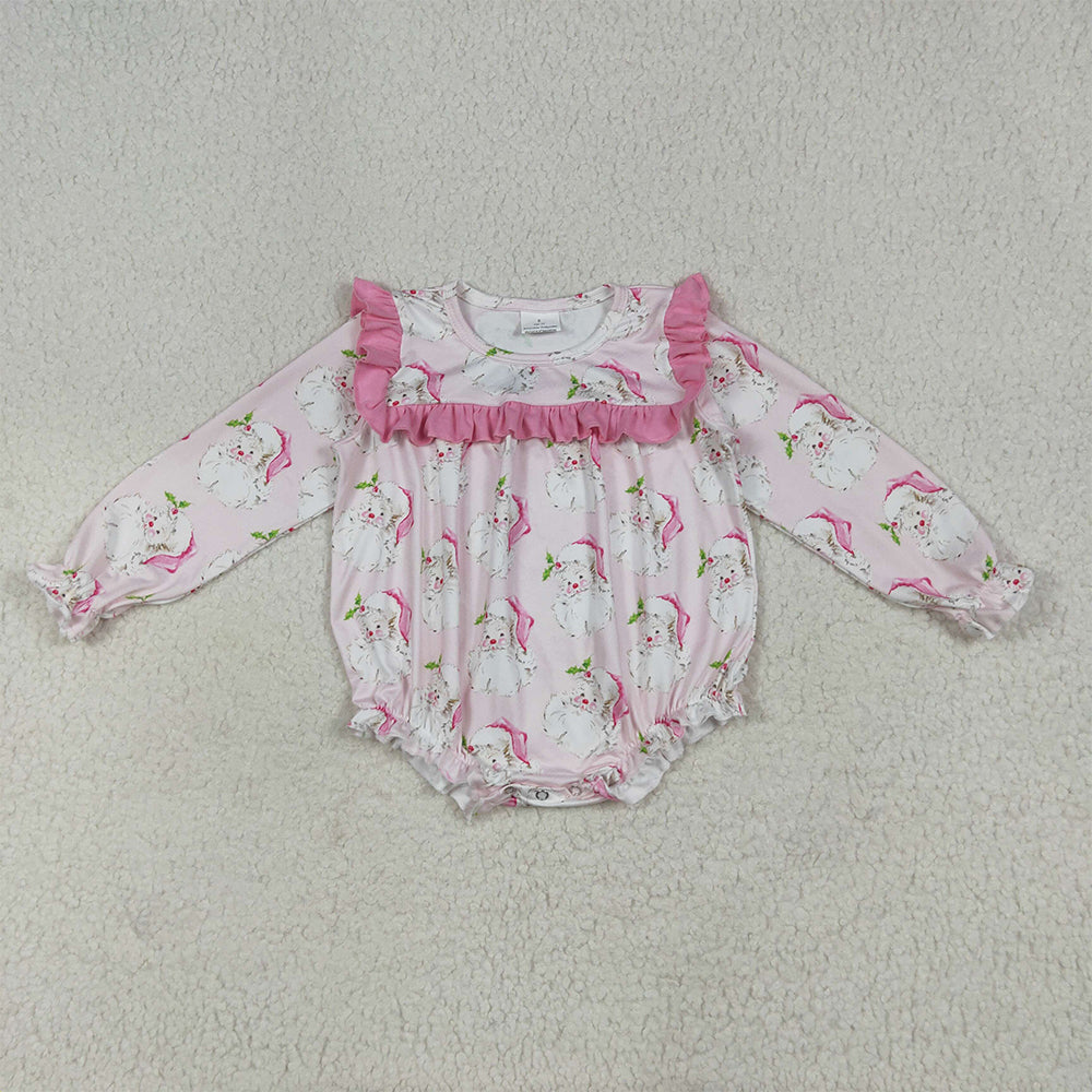 7.15 RTS NO MOQ Baby Girls Bodysuit LR2208 Christmas Pink Santa Ruffle Rompers